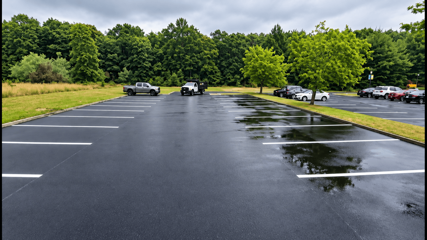 Rebuilt commercial parking lot with fresh white stall markings in Long Island, NY