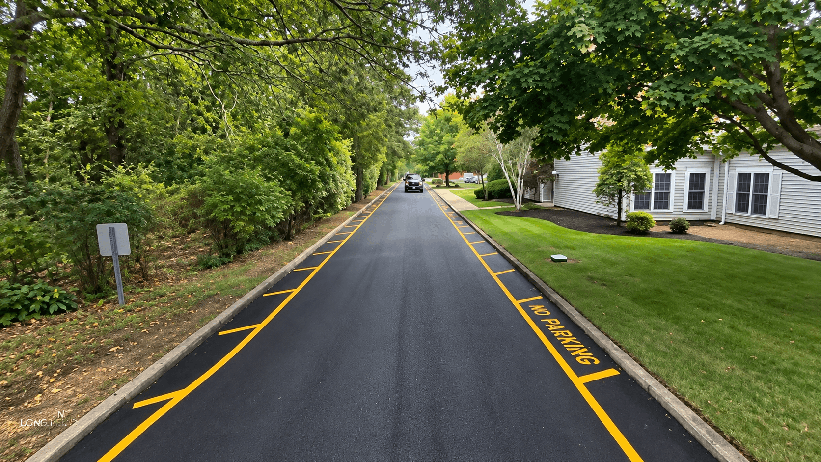Seal coated commercial parking lot with white striping and yellow lane markings in Long Island, NY
