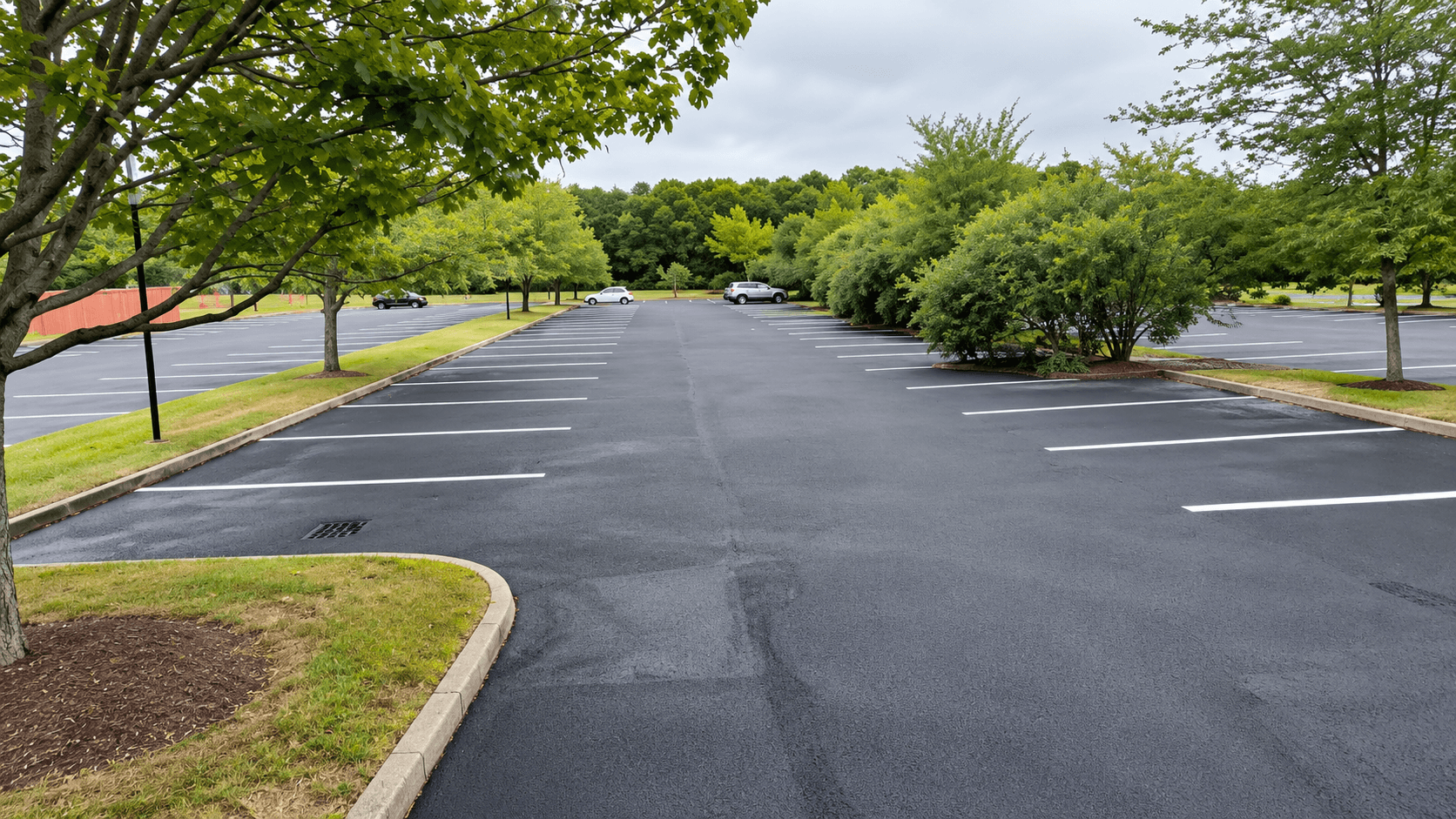Freshly paved commercial parking lot white striping in Long Island, NY