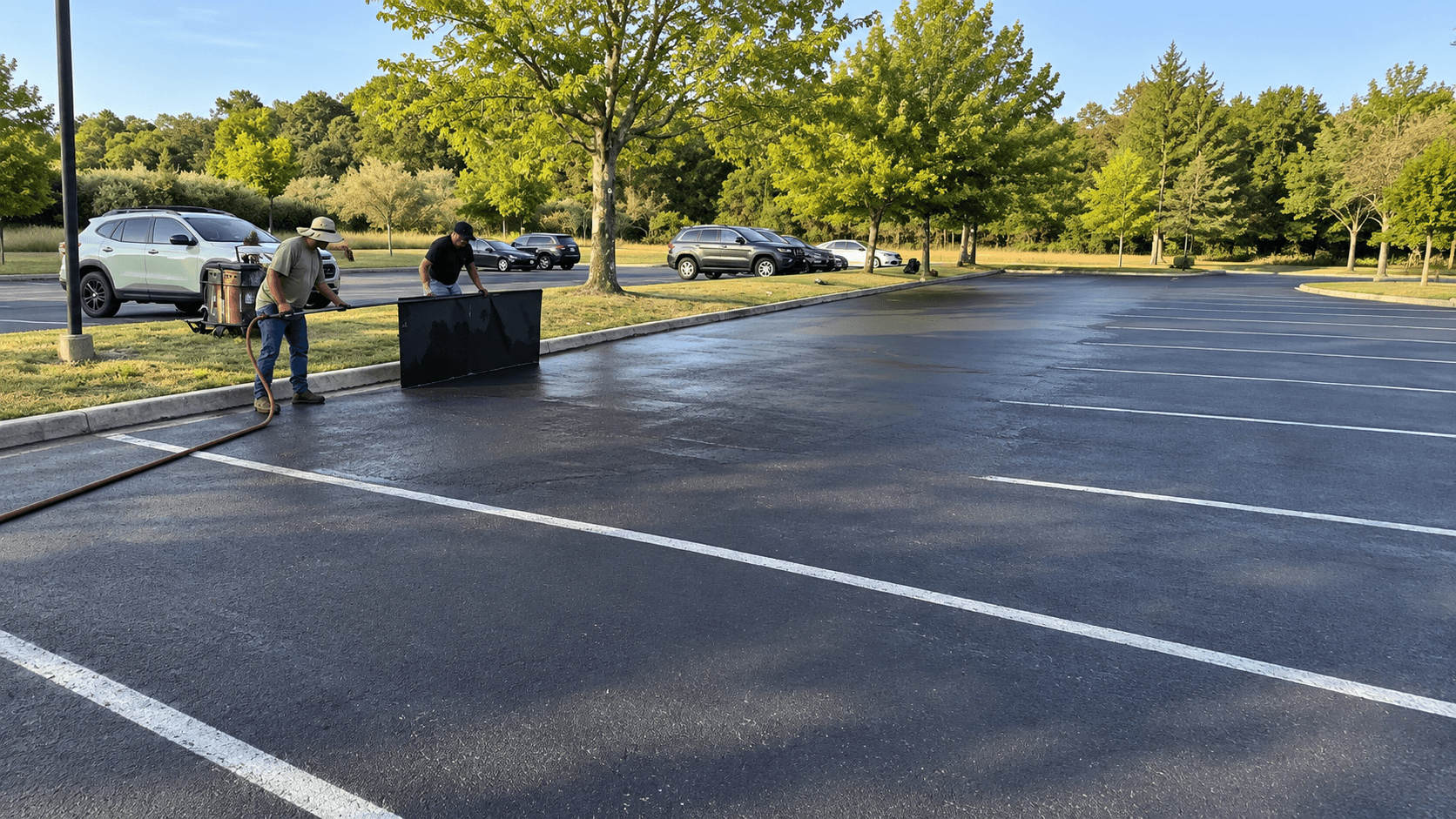 Commercial parking lot with a smooth, freshly applied seal coat finish in the Hamptons, NY