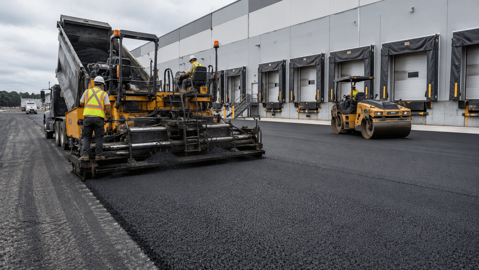 Heavy-duty commercial asphalt paving at a large warehouse loading dock