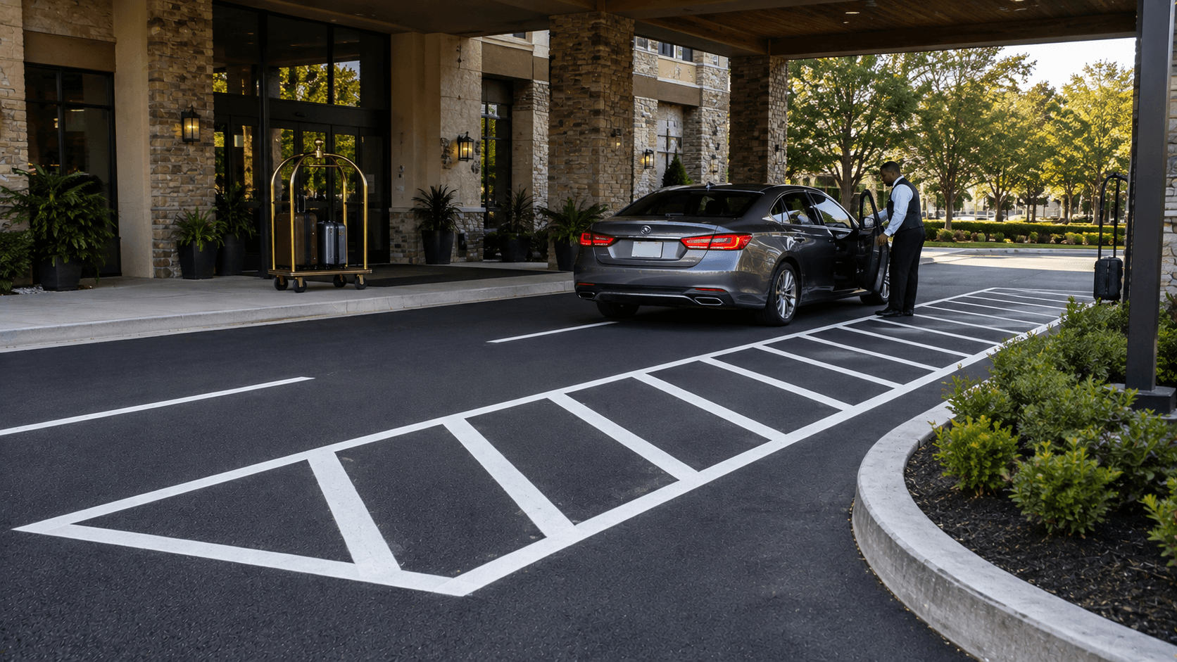 Guest vehicle at a hotel valet drop-off lane with clear striping and signage