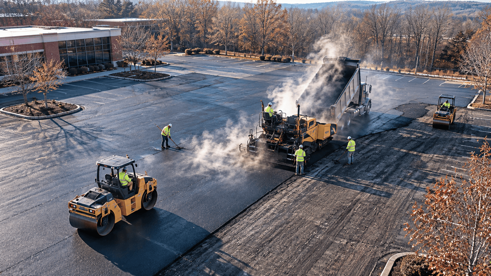 Commercial paving crew laying asphalt during the final weeks of paving season in a cold climate region
