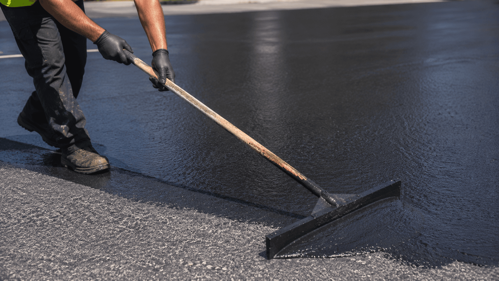 Worker applying fresh black seal coat with a squeegee under clear sunny conditions