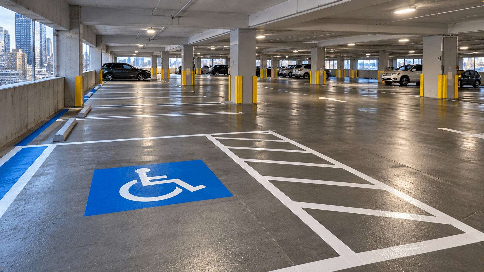 Freshly striped multi-level parking garage in New York City with reflective markings