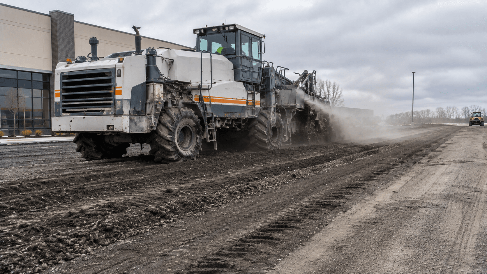 Full-depth reclamation machine pulverizing an asphalt surface and base together