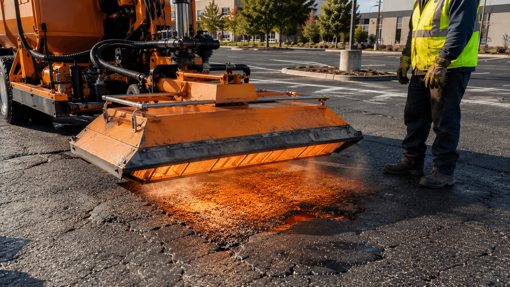 Infrared asphalt repair machine heating a pothole on a commercial parking lot