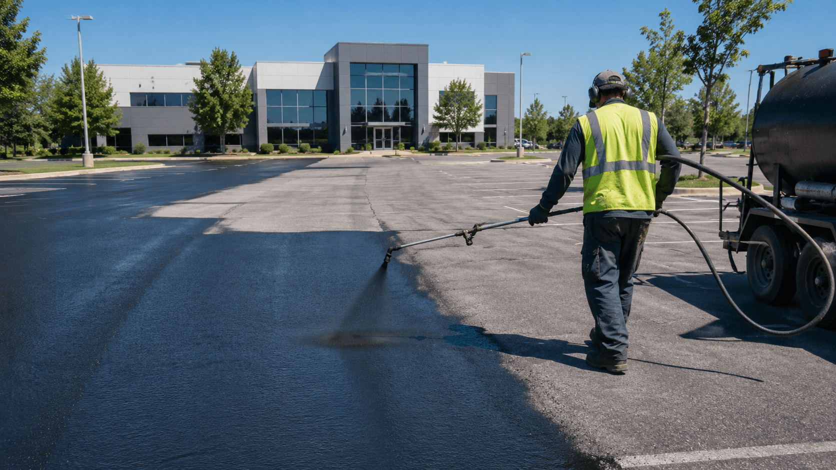 Commercial parking lot being seal coated on a warm, dry summer day