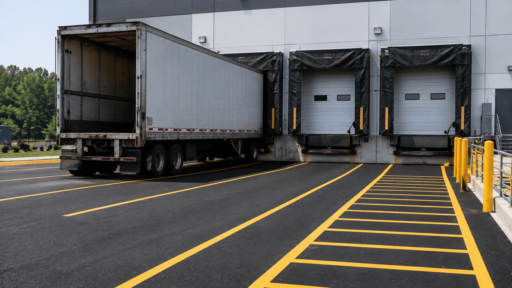 Heavy delivery truck backed into a warehouse loading dock on reinforced asphalt