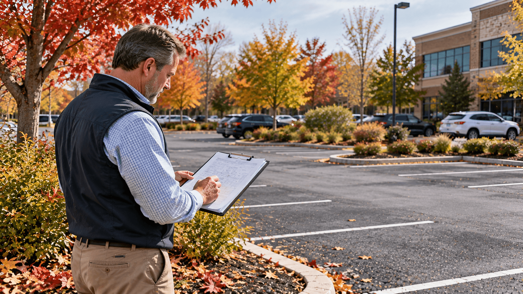Property manager reviewing a parking lot budget proposal with fall foliage visible outside