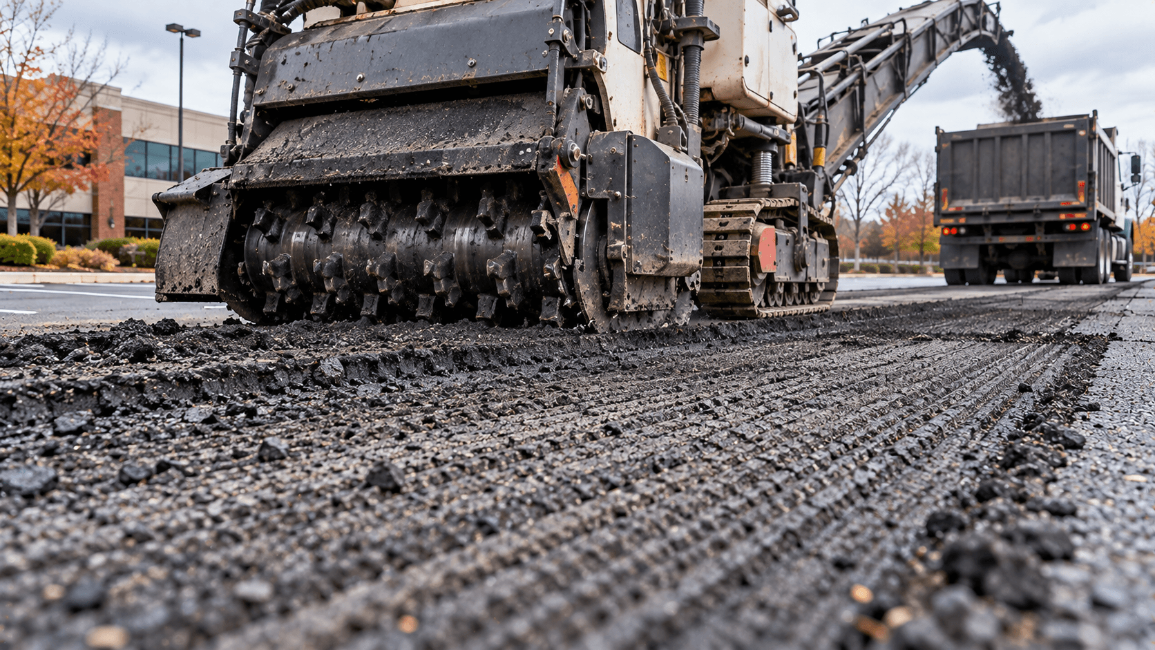 Commercial asphalt milling machine performing cold planing on a parking lot