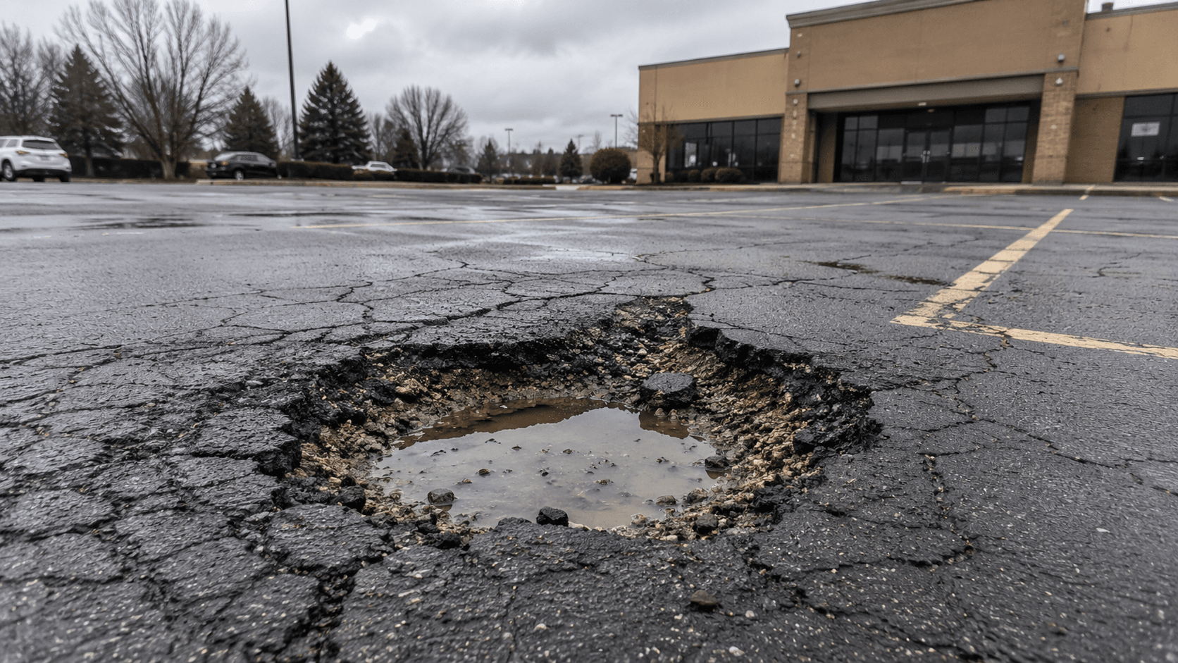 Large pothole with crumbling edges in a commercial asphalt parking lot