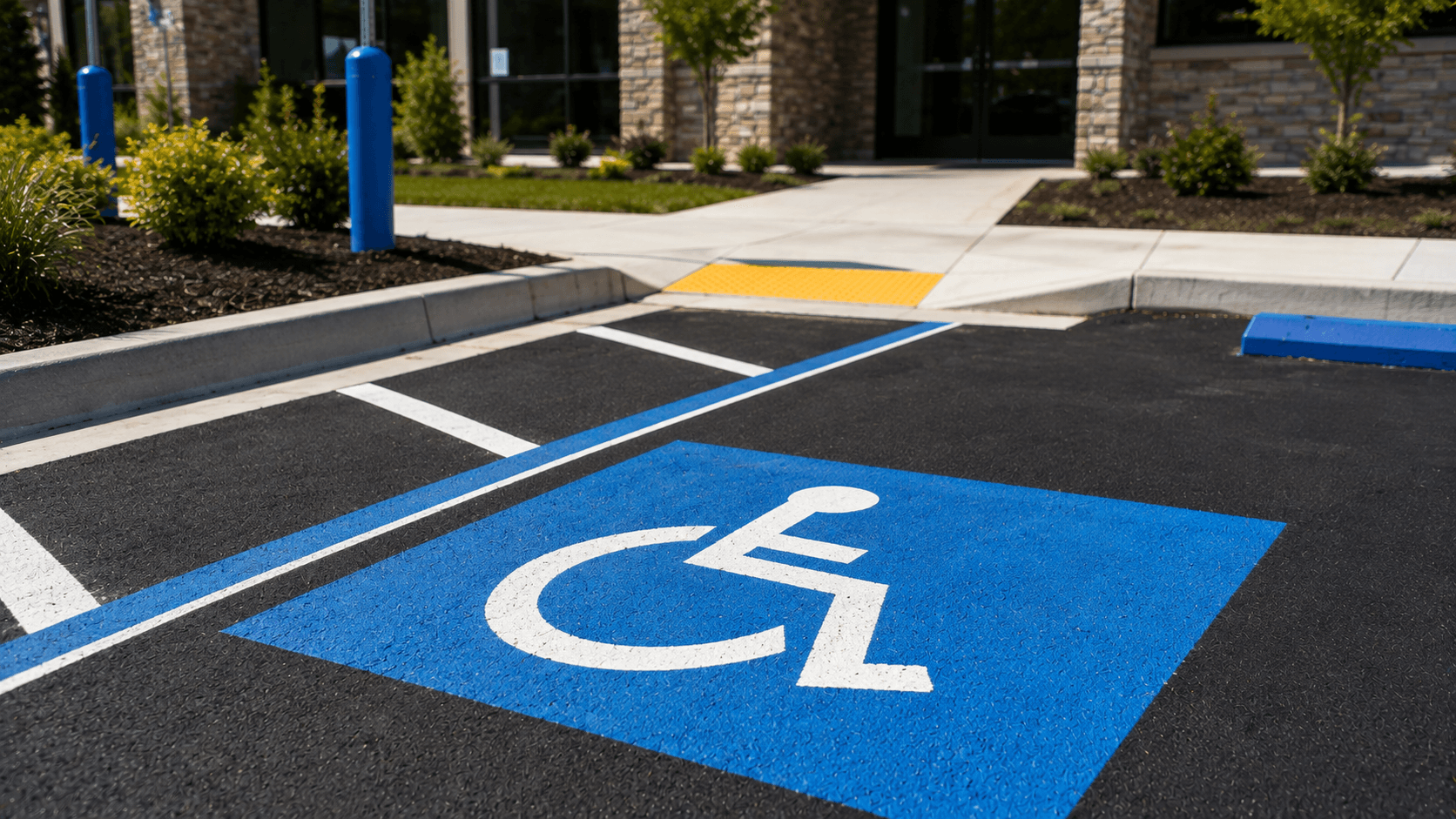 Close-up of a blue ADA accessible stall near a medical facility entrance