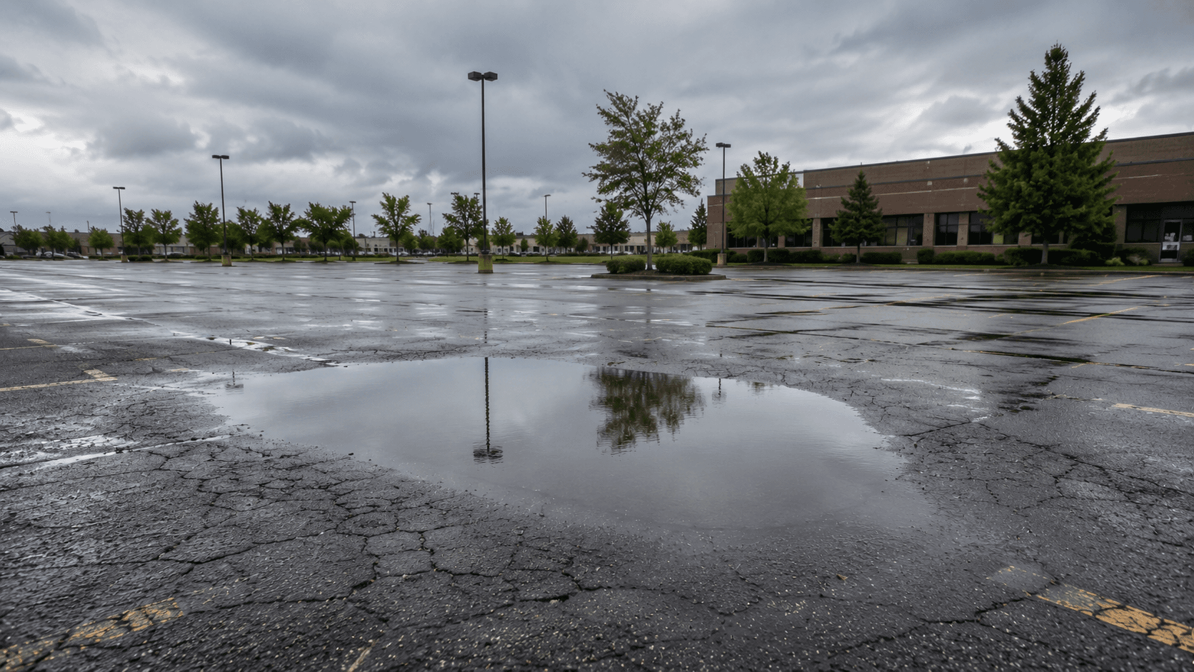 Water pooling in a low spot on a commercial parking lot after rain