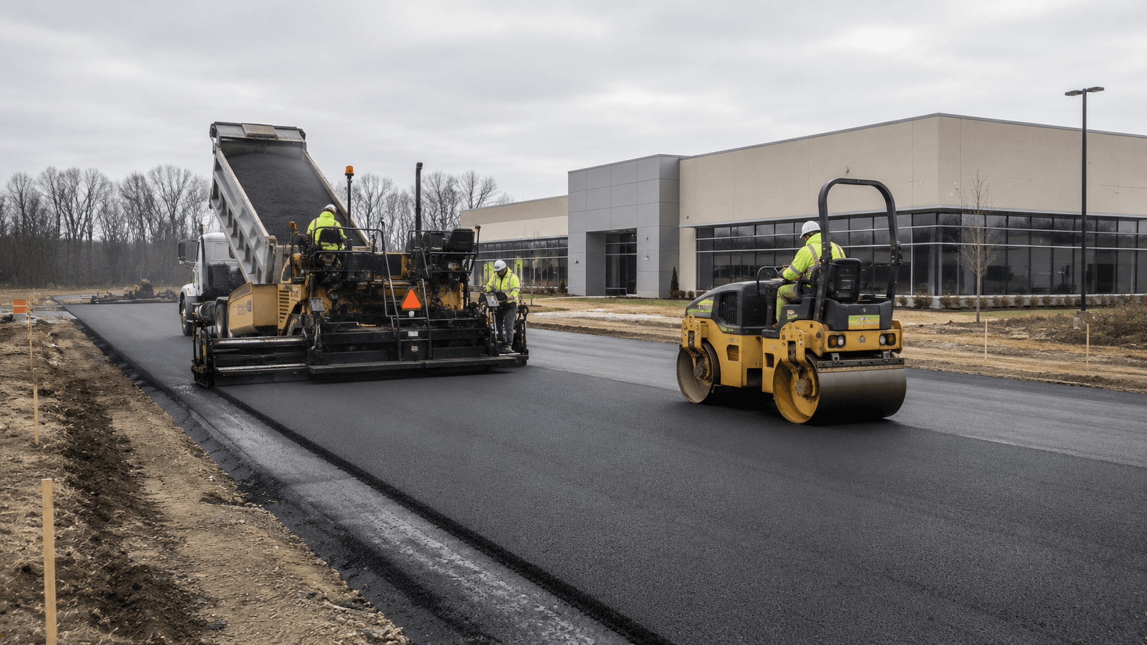 Heavy paving equipment building a private access road at a commercial property
