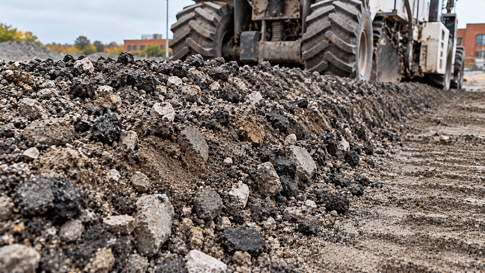 Close-up of pulverized asphalt and base material during full-depth reclamation on an industrial site