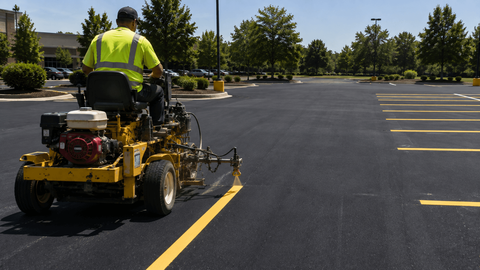 Line striping machine applying fresh yellow paint to a commercial parking lot
