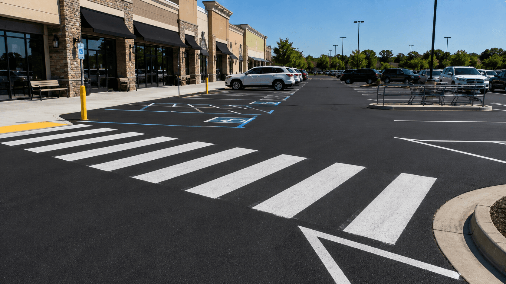 Shopping center parking lot with clear crosswalk striping and angled stalls near storefronts