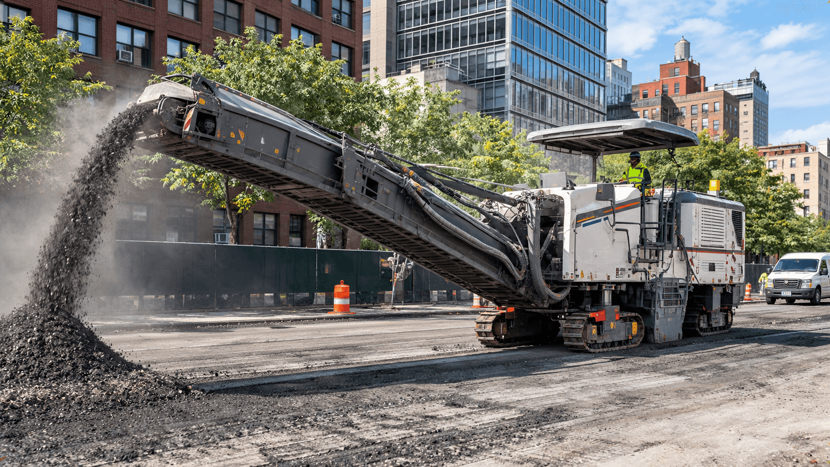 Asphalt milling machine working on a commercial lot in New York City during permitted daytime hours