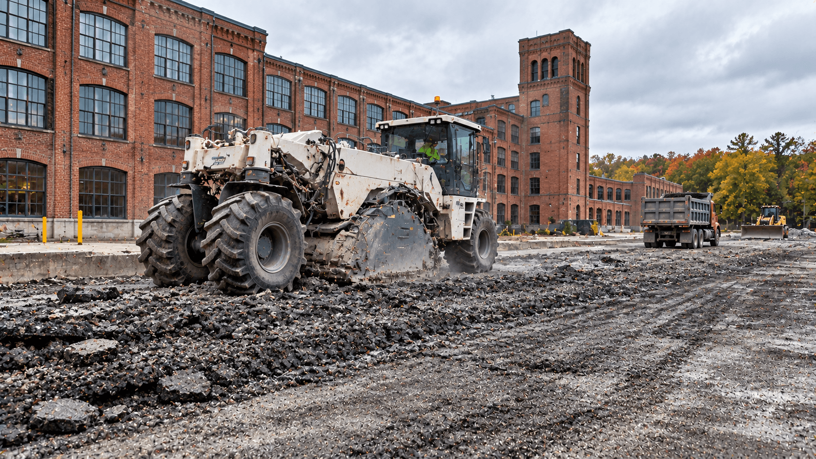 Full-depth reclamation machine working on an aging industrial parking lot in Connecticut