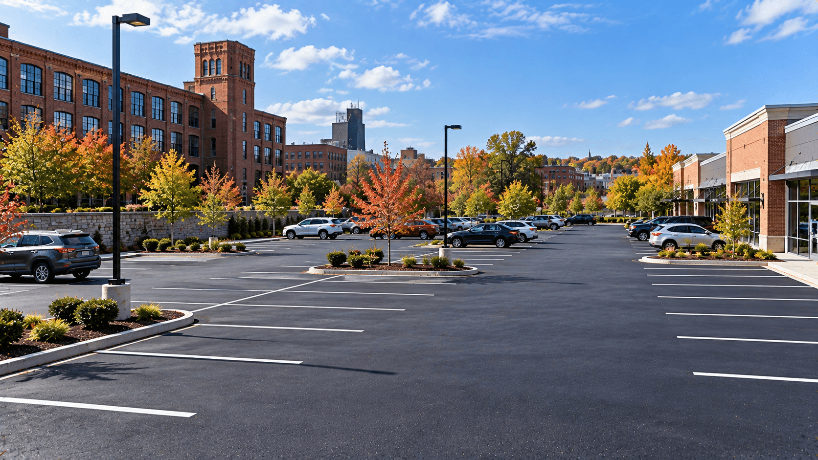 Freshly paved commercial parking lot in New Britain Connecticut with clear striping