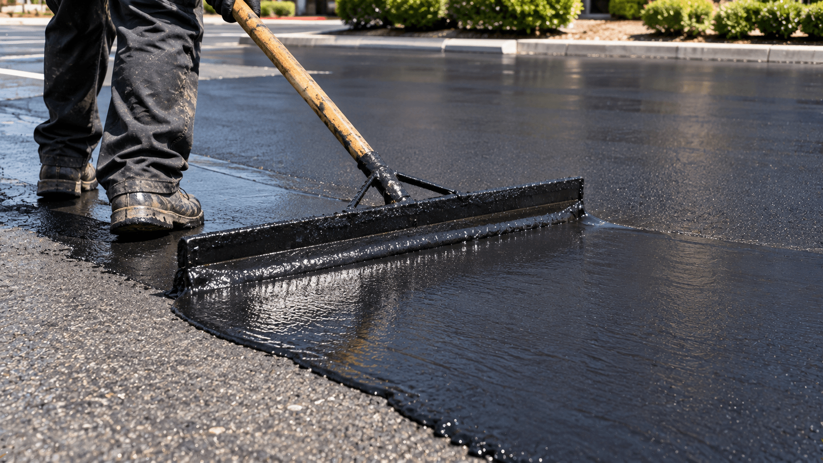Close-up of asphalt based seal coat being applied to a commercial parking lot