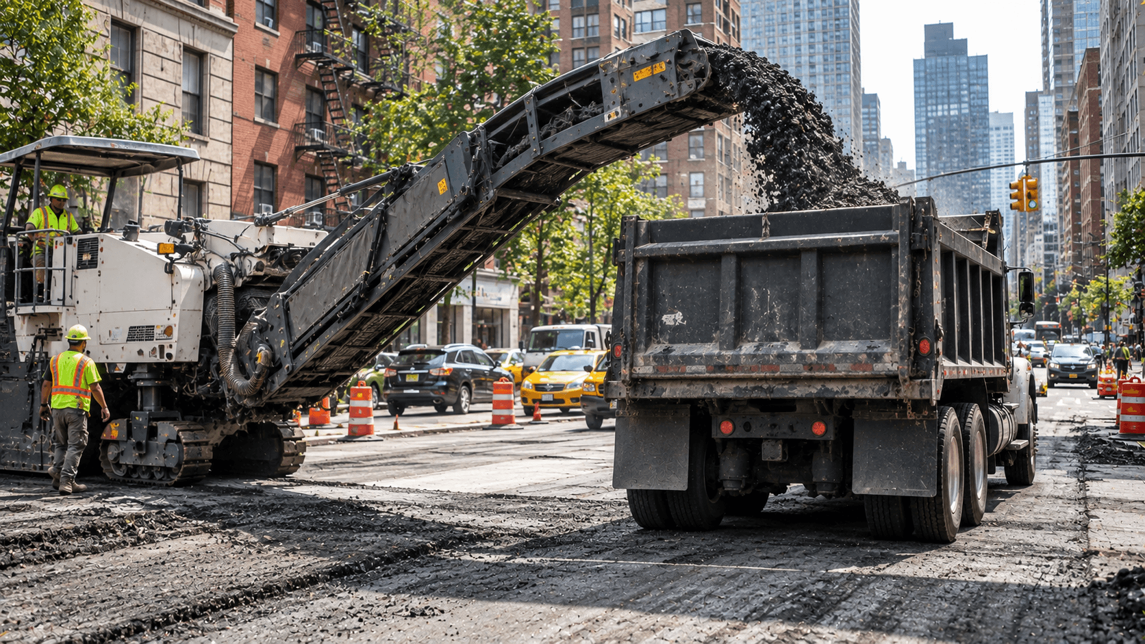 Milled asphalt debris being loaded into a truck on a New York City street