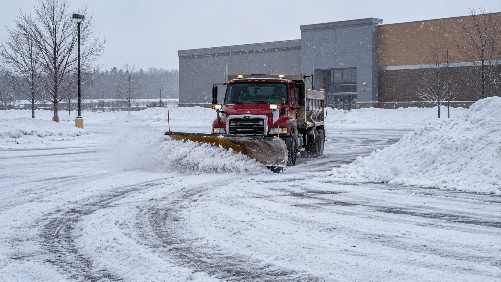 Commercial parking lot plow clearing heavy lake-effect snowfall