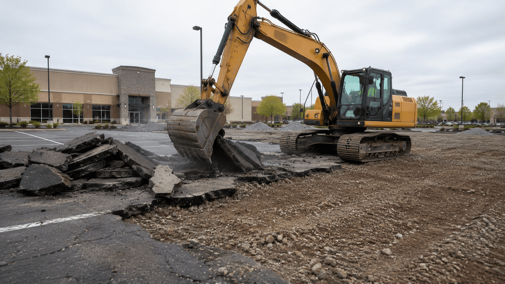 Excavator removing failed asphalt down to the base during a full parking lot replacement