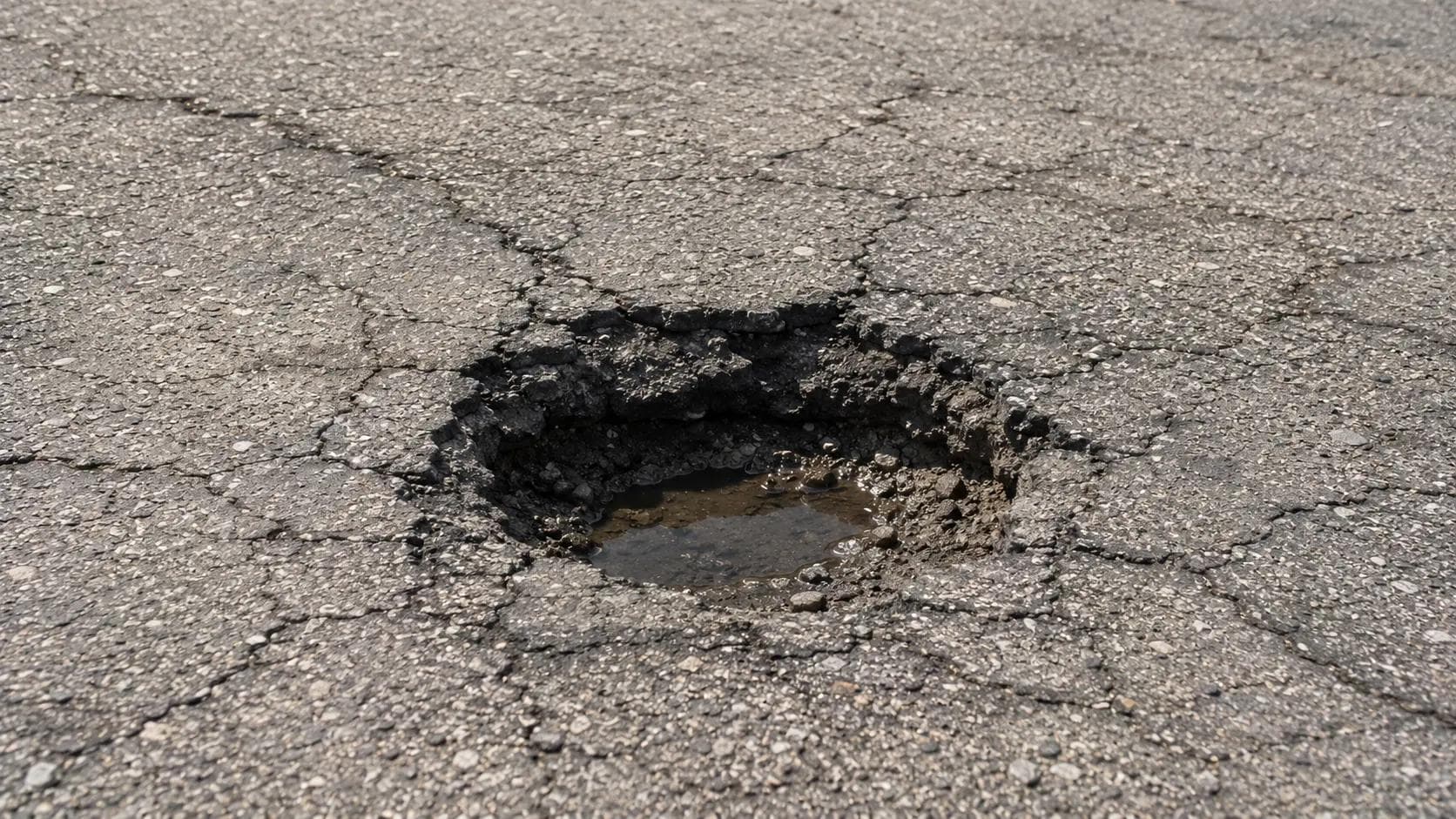 Deep commercial parking lot pothole with crumbling edges and surrounding stress cracks indicating base failure