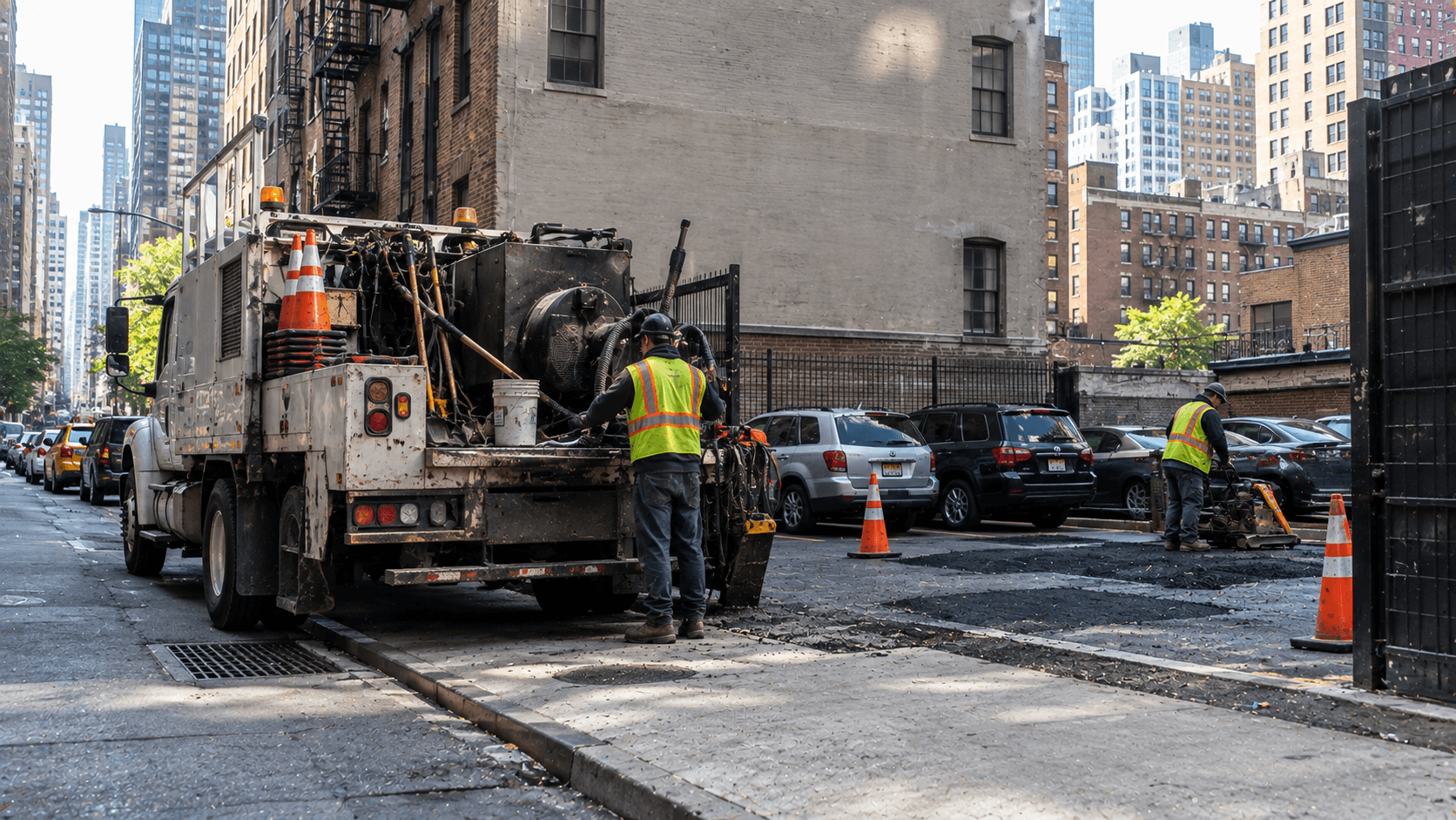 Repair truck staged on a narrow Manhattan street next to a commercial parking lot