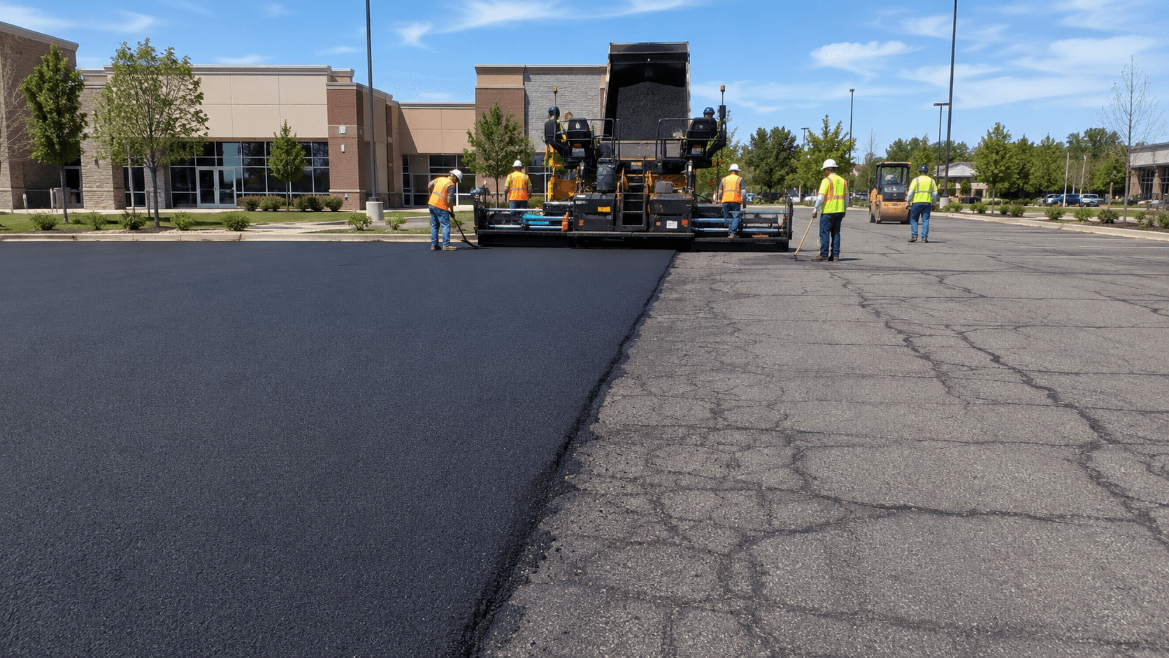 Commercial parking lot mid-resurfacing, fresh asphalt overlay beside the old worn surface