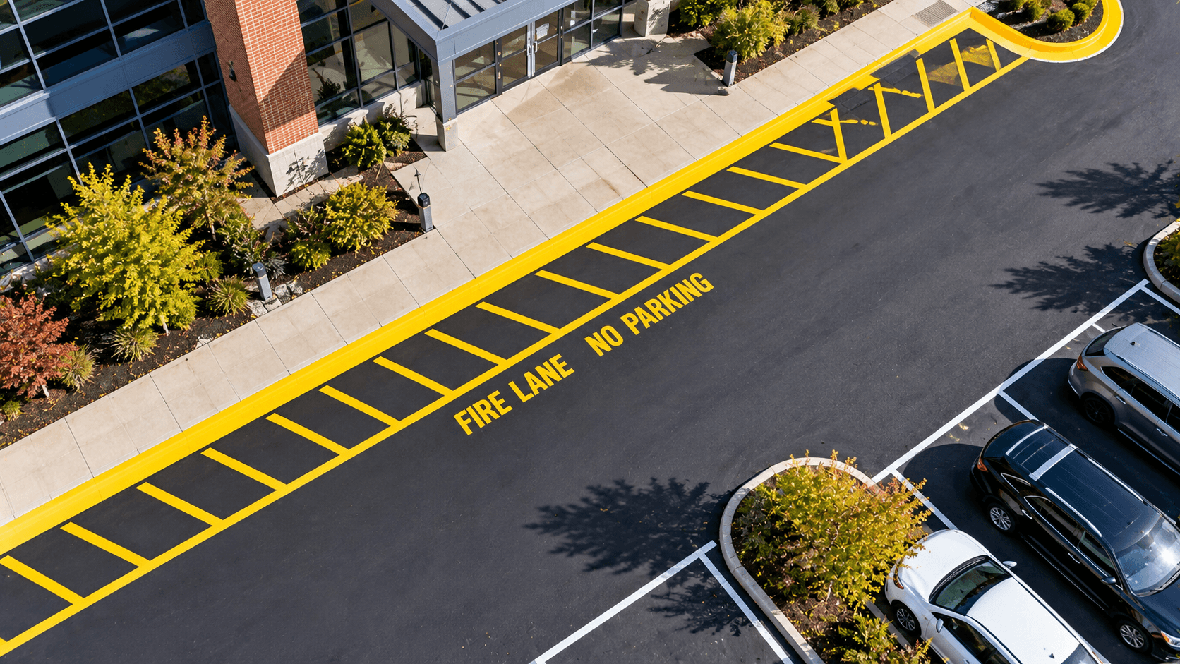 Freshly painted yellow fire lane markings with FIRE LANE NO PARKING lettering at a Connecticut commercial property