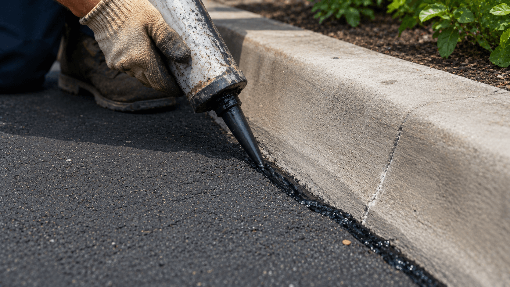 Worker applying joint sealant along an asphalt to concrete curb transition