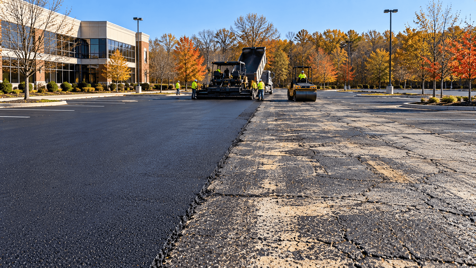 Commercial asphalt overlay in progress showing fresh surface next to the original worn pavement
