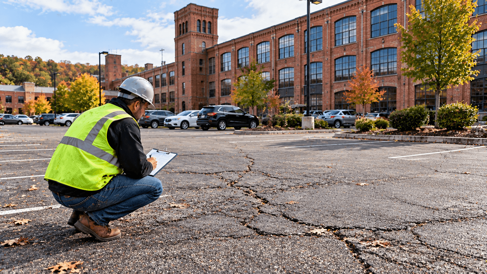 Older industrial building parking lot in Central Connecticut being assessed for repaving