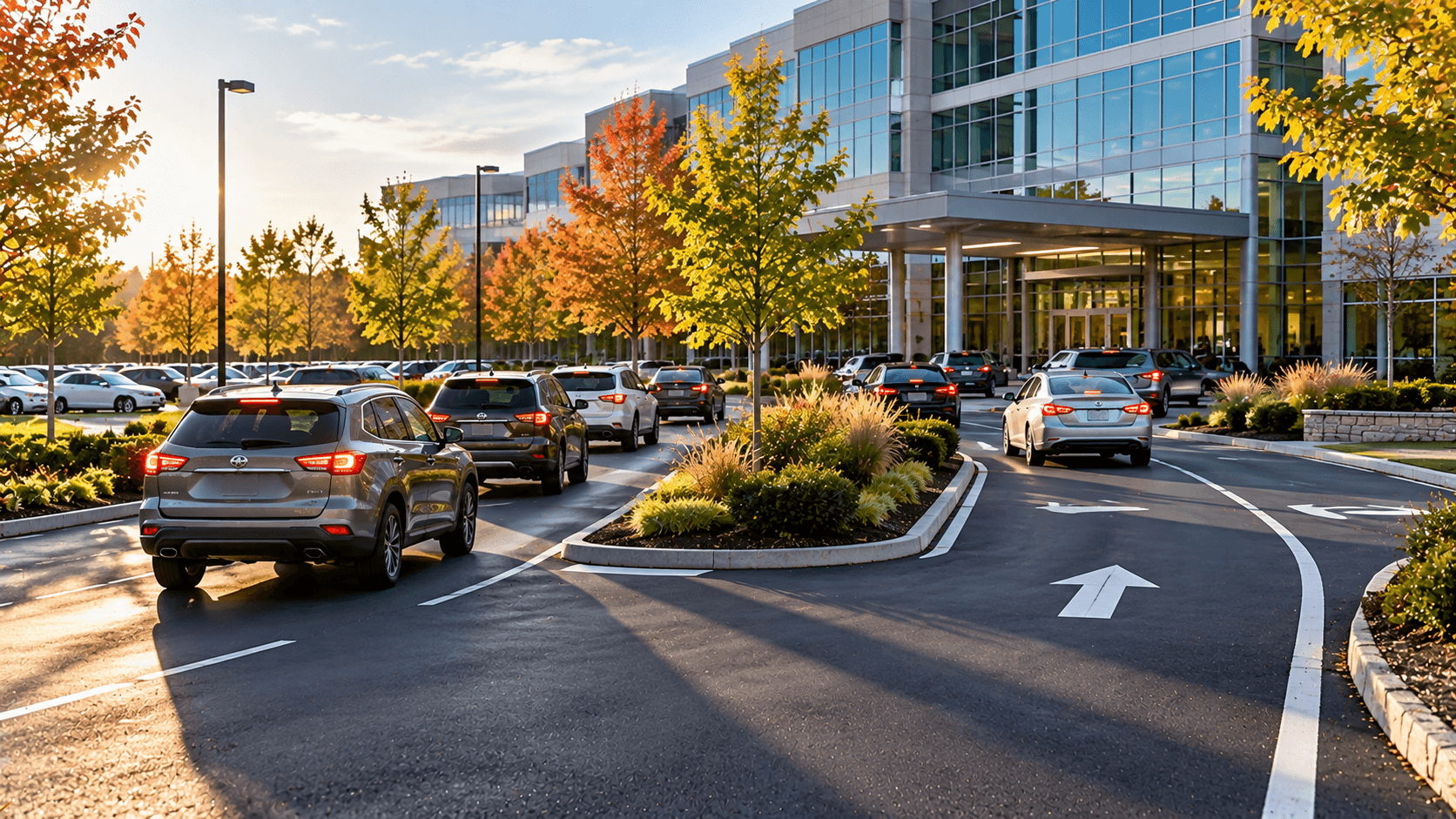 Vehicles arriving at a corporate campus parking lot during a morning shift-change, directional lane markings guiding traffic flow