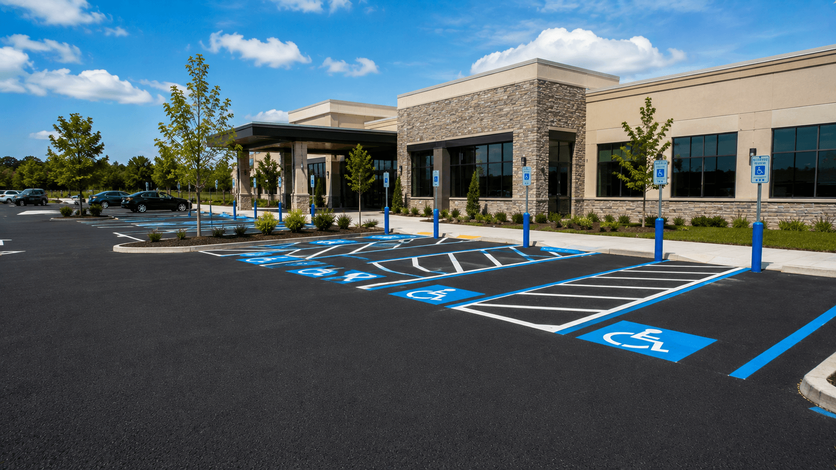 Medical facility parking lot with a high number of accessible ADA stalls near the entrance