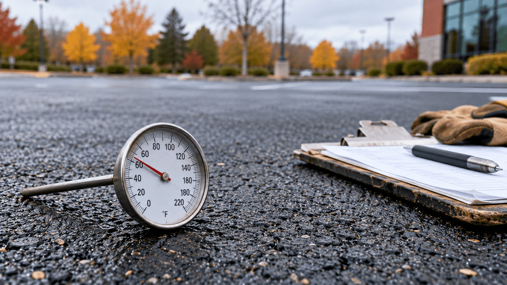 Checking pavement surface temperature before a seal coating application
