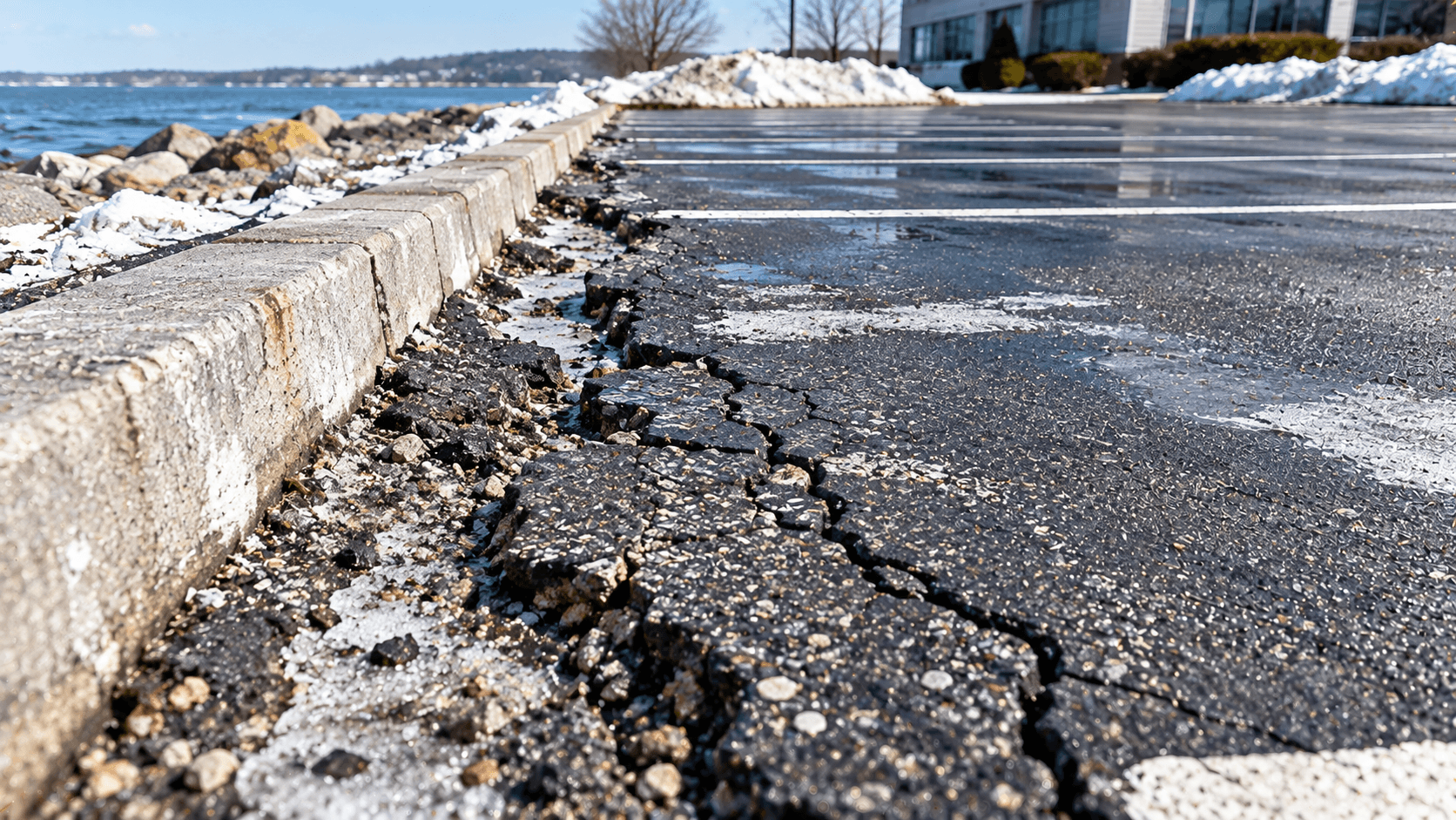 Close-up of salt-accelerated edge cracking on a Connecticut coastal commercial parking lot