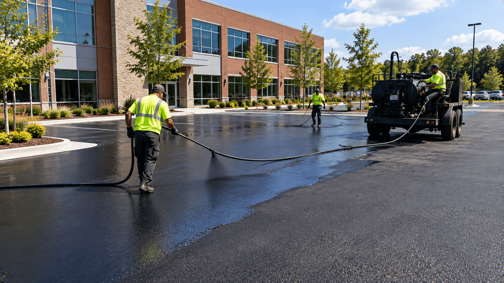 Commercial seal coating being applied to a parking lot in New York with legal asphalt based sealant